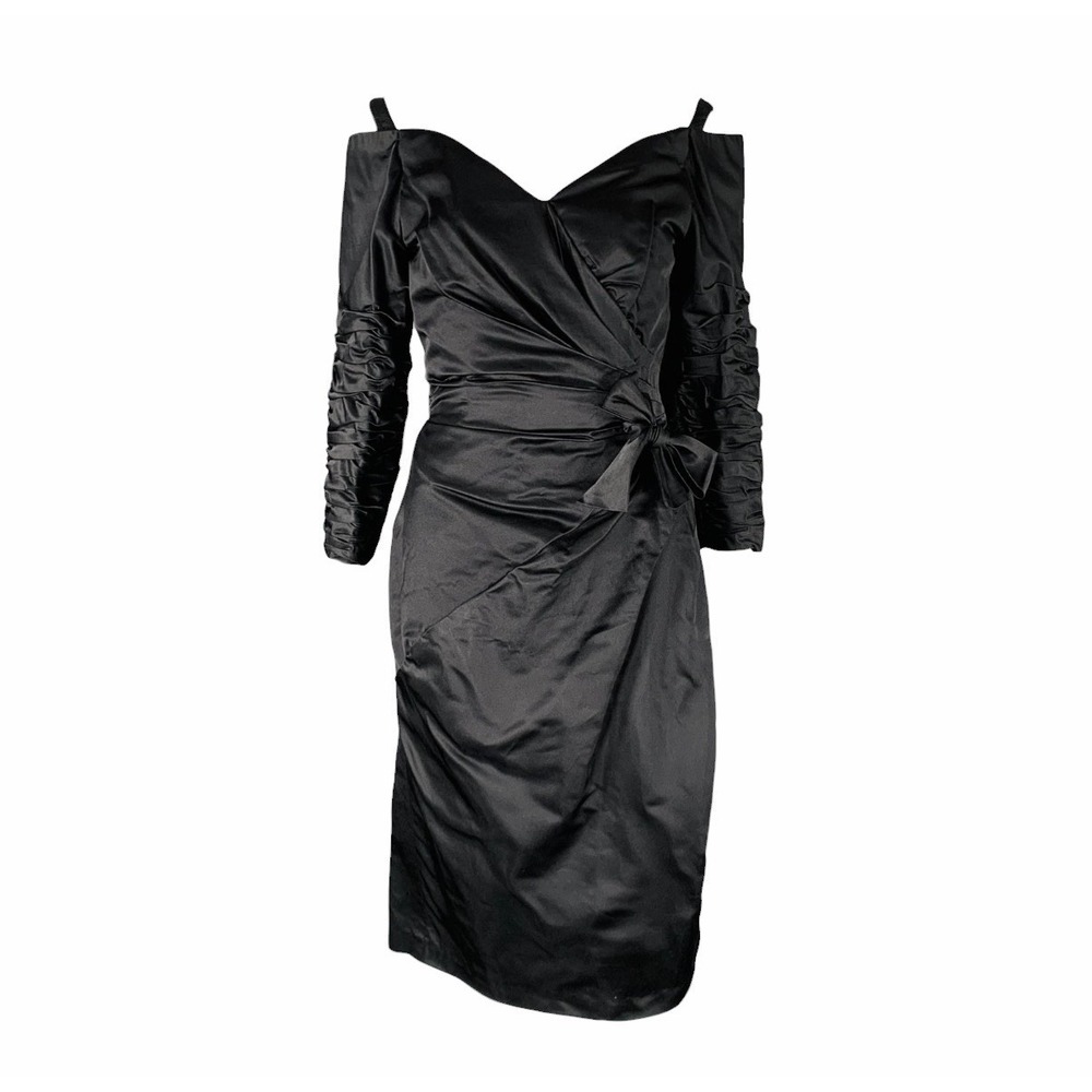 Vintage Victor Costa Black Satin Cocktail Dress Bow Ruched Sleeve Saks 5th Ave 4